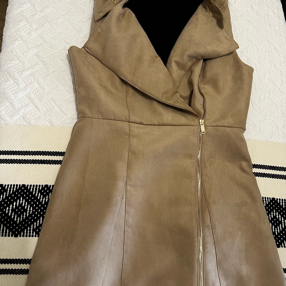 Zara Camel Faux Suede Moto Dress with Gold Hardware